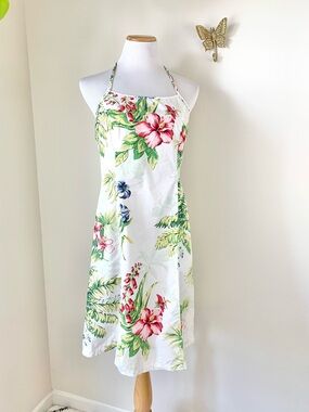 Vintage Y2K Tommy Hilfiger White Hawaiian Tropical Floral Halter mini Sundress